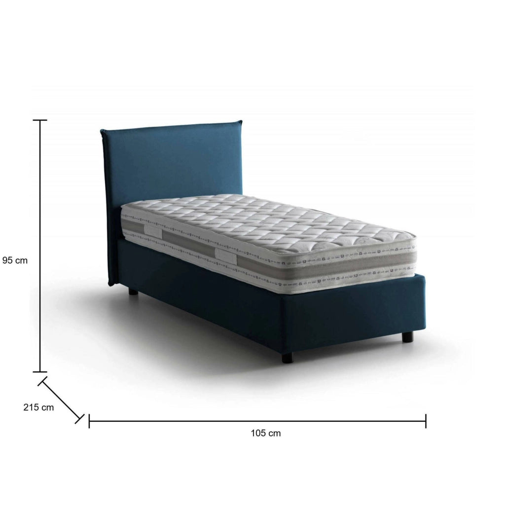 Letto singolo Alison, Letto contenitore con rivestimento in tessuto, Made in Italy, Apertura frontale, con materasso cm 90x200 incluso, Blu