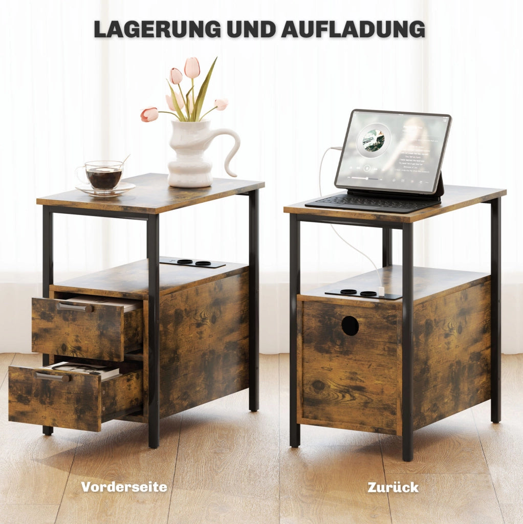 Tavolino laterale ULEVR 55x35x58,5 cm con 2 cassetti, presa USB e Type-C, marrone