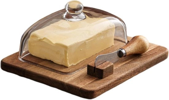 Servizio per dessert in legno di acacia con cucchiaio e coperchio in vetro - Tavola per servire formaggi, burro e torte - Servizio elegante per la cucina - Articoli da cucina - 1 cucchiaio