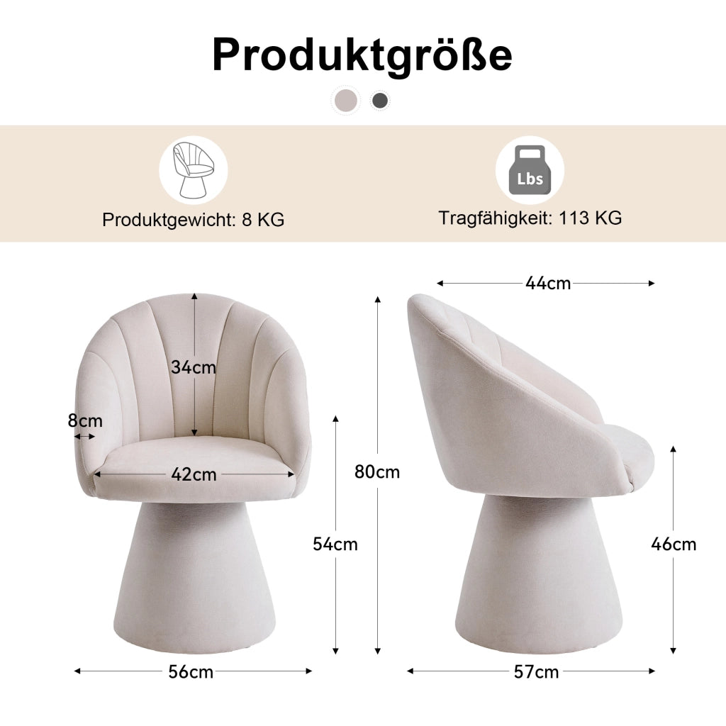 Chaise girevole 360° in tessuto chenille con schienale ergonomico, braccioli integrati e base stabile in legno beige