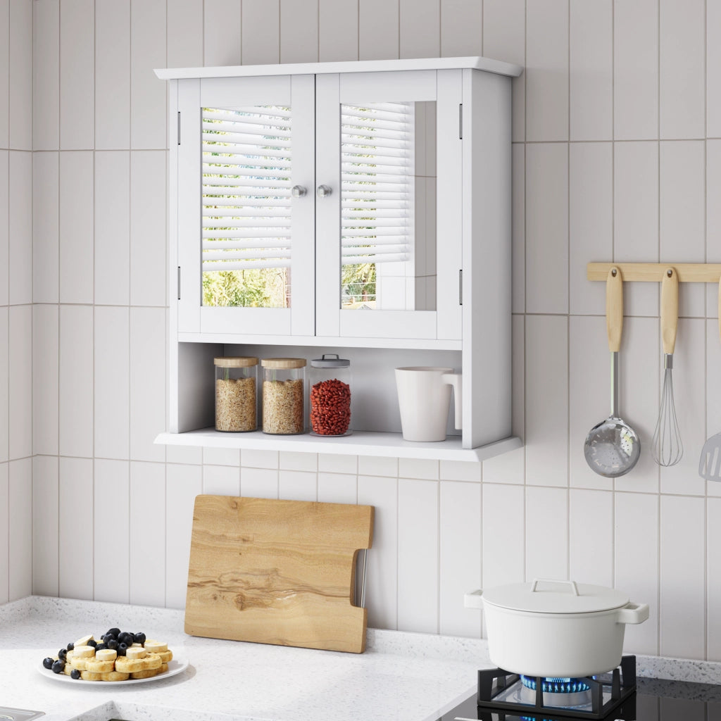 Mobiletto bagno con specchio bianco da parete, con ripiani regolabili e vano portaoggetti