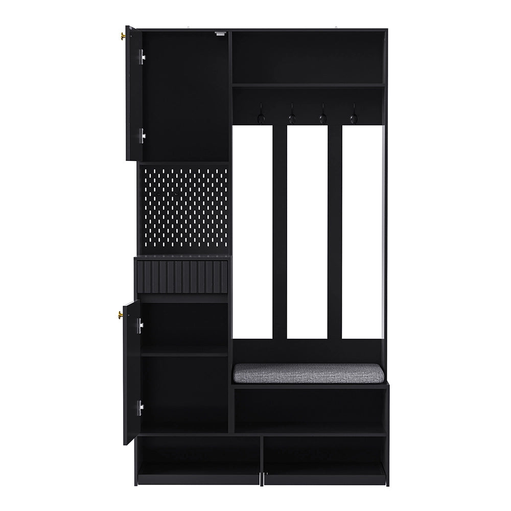 Armadio d'ingresso con panca - Xylo - 100??180??35 cm - Nero - 4 ganci, porte e cassetti