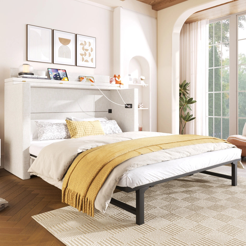 DESMIU Letto a scomparsa 140 × 200 cm 2 posti con USB, Type-C, cassetto e ripiano, senza materasso, beige