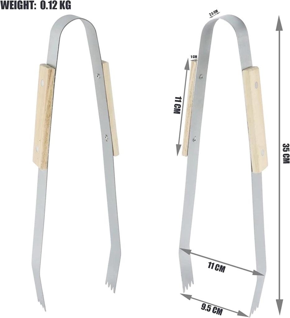 Set di 3 Attrezzi per Barbecue in Acciaio e Legno-Spatola, Pinza e Forchettone - Dim. 35x6.8x1.5 cm.35x9.5x2.5 cm.35x2.2x1.5cm