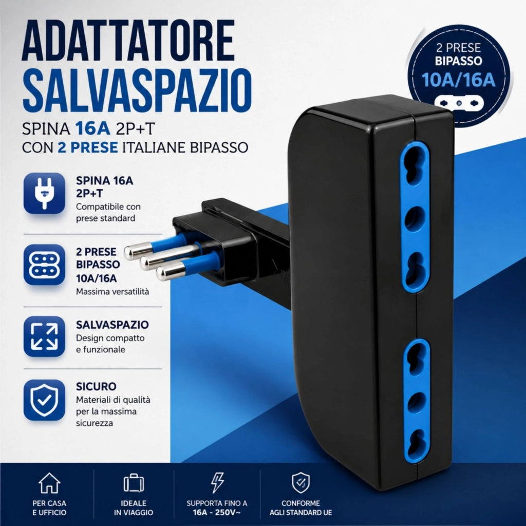 Adattatore Salvaspazio Spina 16A 2P+T con 2 Prese Bipasso 10/16A, Bianco/Nero (Nero)
