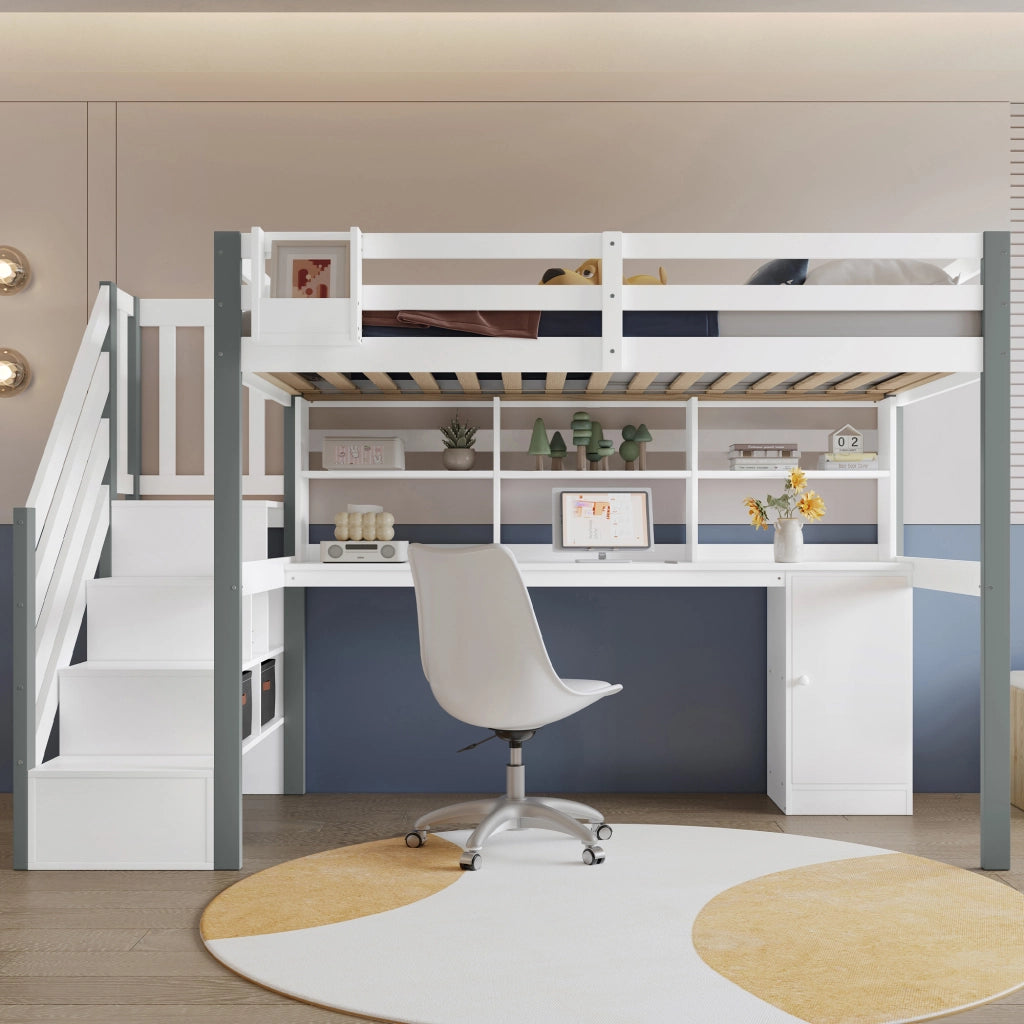 LETTO a soppalco con scrivania e scaffale, 90 x 200 cm, bianco/grigio