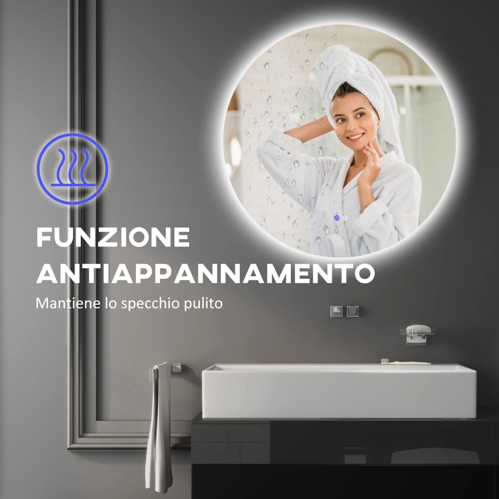 Specchio Bagno Ø80 cm con Luci LED Regolabili Interruttori Touch e Design Antiappannamento