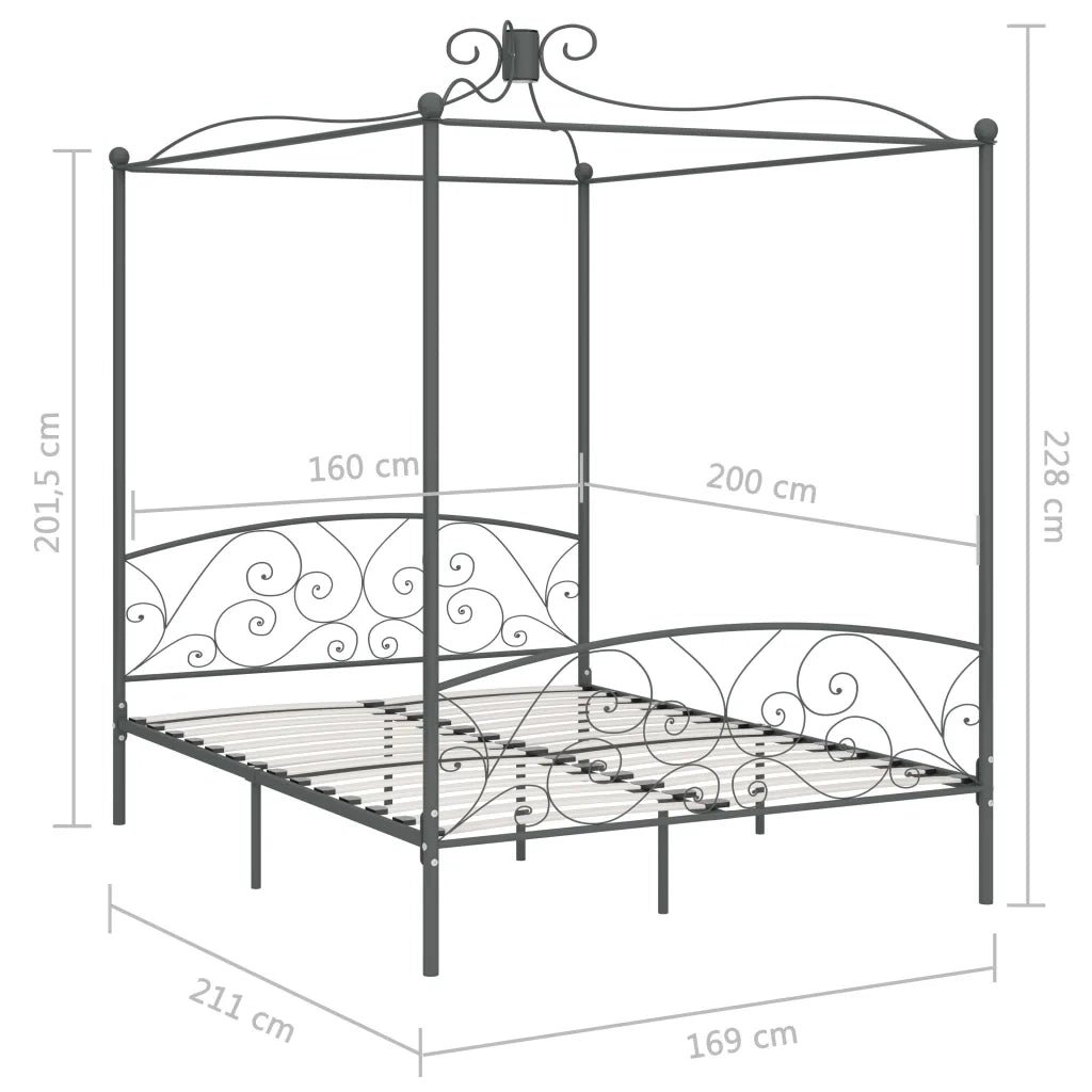 Letto a Baldacchino Grigio in Metallo 160x200 cm