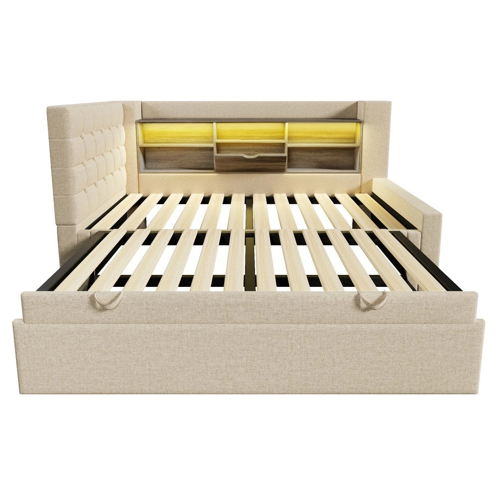 Letto Imbottito Singolo con Letto Estraibile, LED e Testiera Contenitore ¨C MINIMAL ¨C Lino Beige 90x200