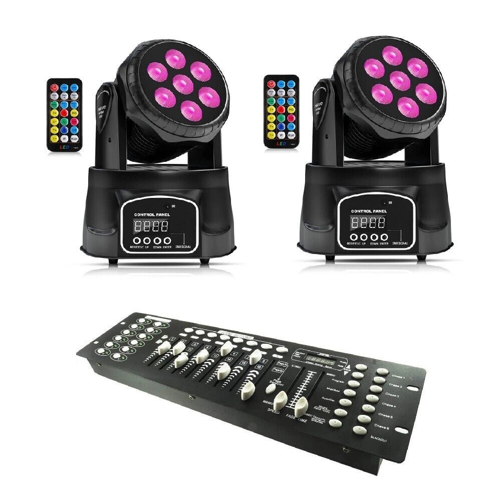 Coppia di teste rotanti Led rgbw con telecomando e mixer 192 canali luci disco mini wash