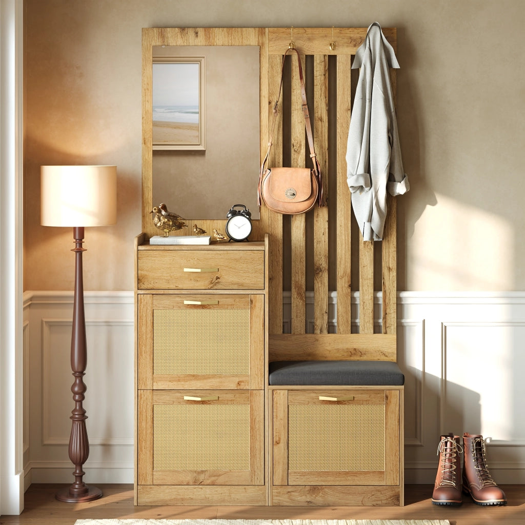 Mobile da ingresso con specchio, panca imbottita, ganci e vani ribaltabili, in MDF naturale, 99,5 × 26 × 180 cm