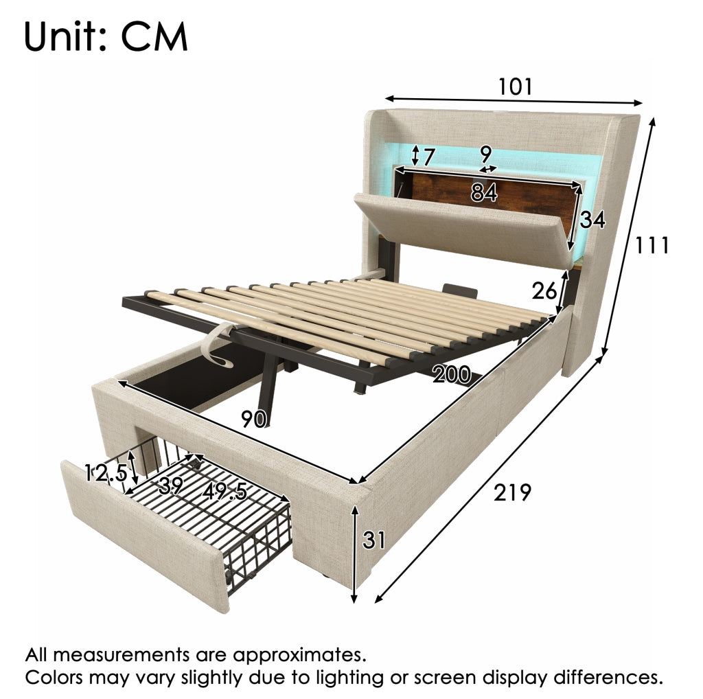 Letto imbottito 90x200 cm beige con LED, USB e vano contenitore