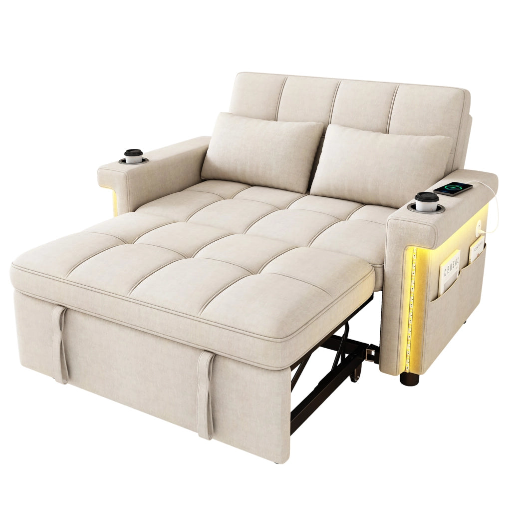 Divano letto 2 posti 145x141;5 cm in ciniglia beige con LED e porte USB/Type-C HOMVRA