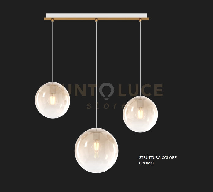 SOSP. CROMO 3 LUCI RETTANGOLARE VETRI (2 PICCOLI +1 MEDIO) TUTTI AMBRA 1194CR-S3 RPM-AM