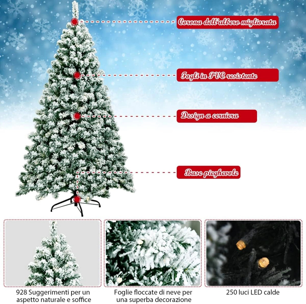 Albero di Natale Innevato 135/180/225 cm, Albero di Natale con 200/250/550 Luci LED Bianche Calde, 400/928/1346 Rami, Base in Metallo, Decorazione Natalizia per Casa e Negozio (225 cm)