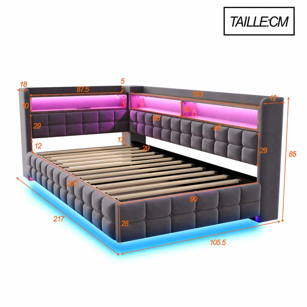 DESMIU Letto singolo 90 × 200 cm 1 piazza con vano idraulico, ripiani, LED, USB e Type-C, senza materasso, in velluto grigio