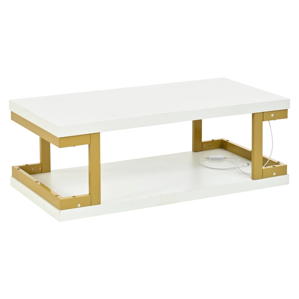 Tavolino da caff¨¨ rettangolare 100 ¡Á 50 ¡Á 37,5 cm con illuminazione LED, struttura in MDF e metallo, colore bianco e oro