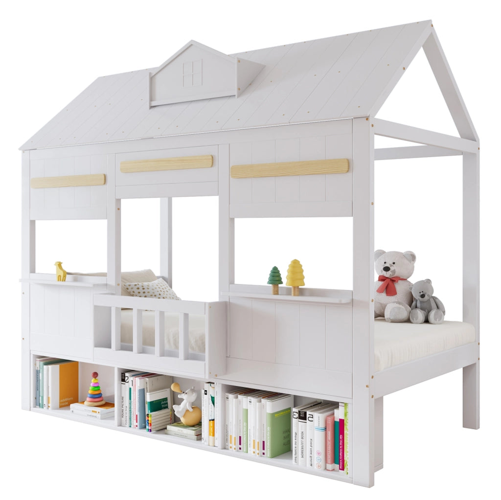 Letto a soppalco 90x200 cm bianco in pino e MDF, libreria integrata, senza materasso