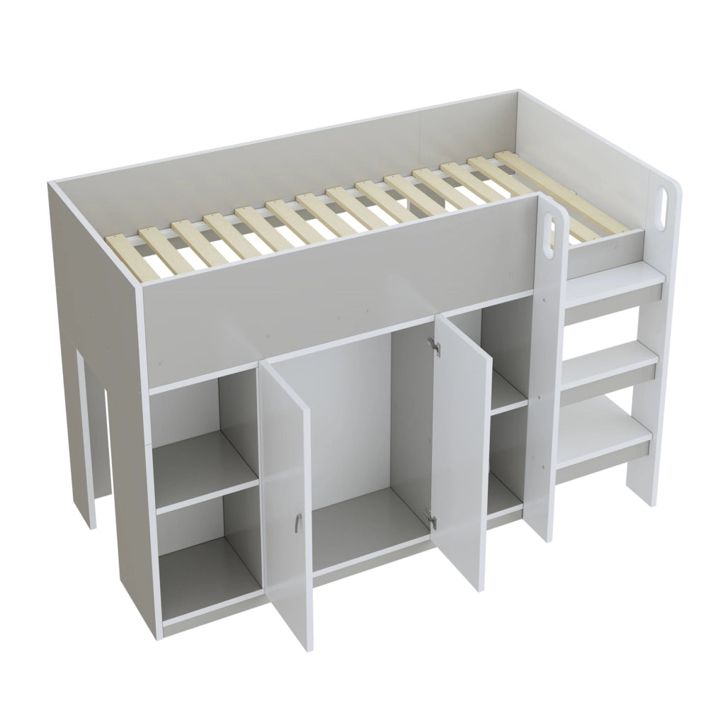 LETTO A CASTELLO 90 x 200 cm con scala, ripiani e armadio, grigio