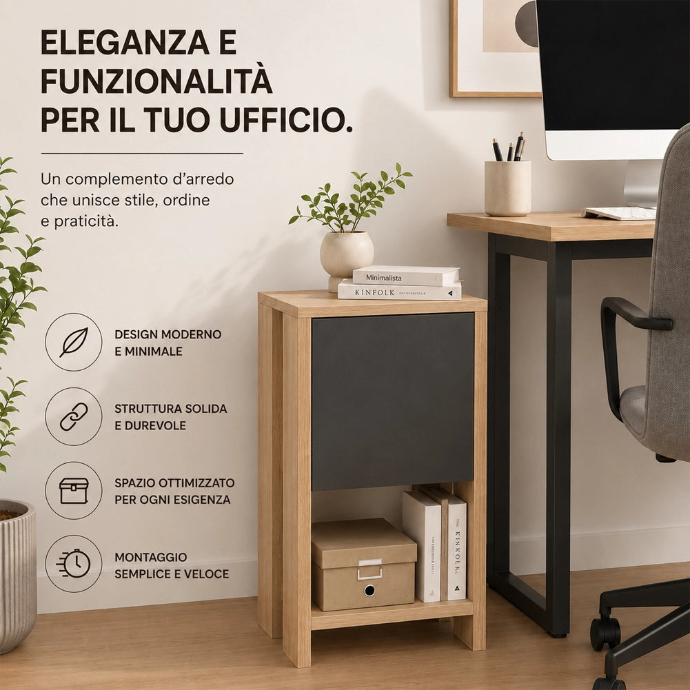 Comodino Mobiletto 2 Ripiani Anta Ribalta Tavolino Moderno Quercia e Antracite