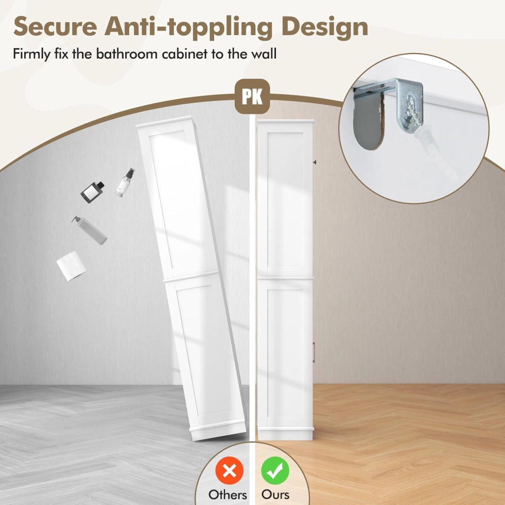 Armadietto da Bagno Slim con 2 Ante, Ripiano Regolabile e 2 Scomparti Aperti, Mobile Alto per Bagno e Soggiorno, Moderno，2 Colori