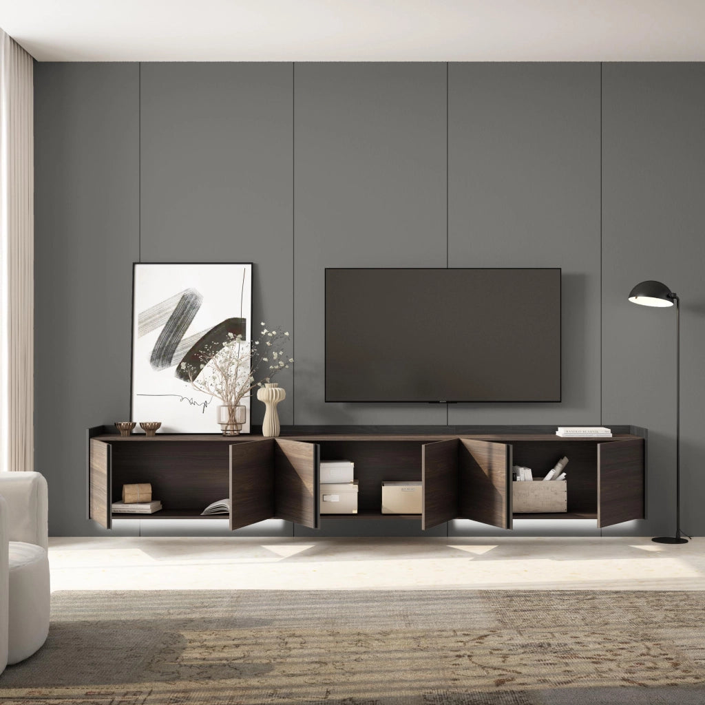 Mobile TV Soggiorno, 309x50x35 cm, Per TV fino a 80", Sospeso, da appendere, LED, Rovere scuro e Nero