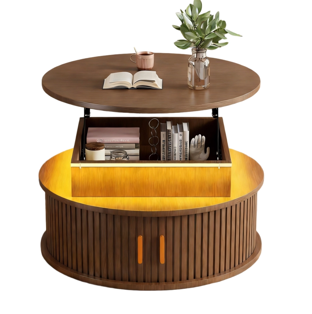 Tavolino da caffè rotondo regolabile in altezza con LED; 75 cm; MDF; color noce