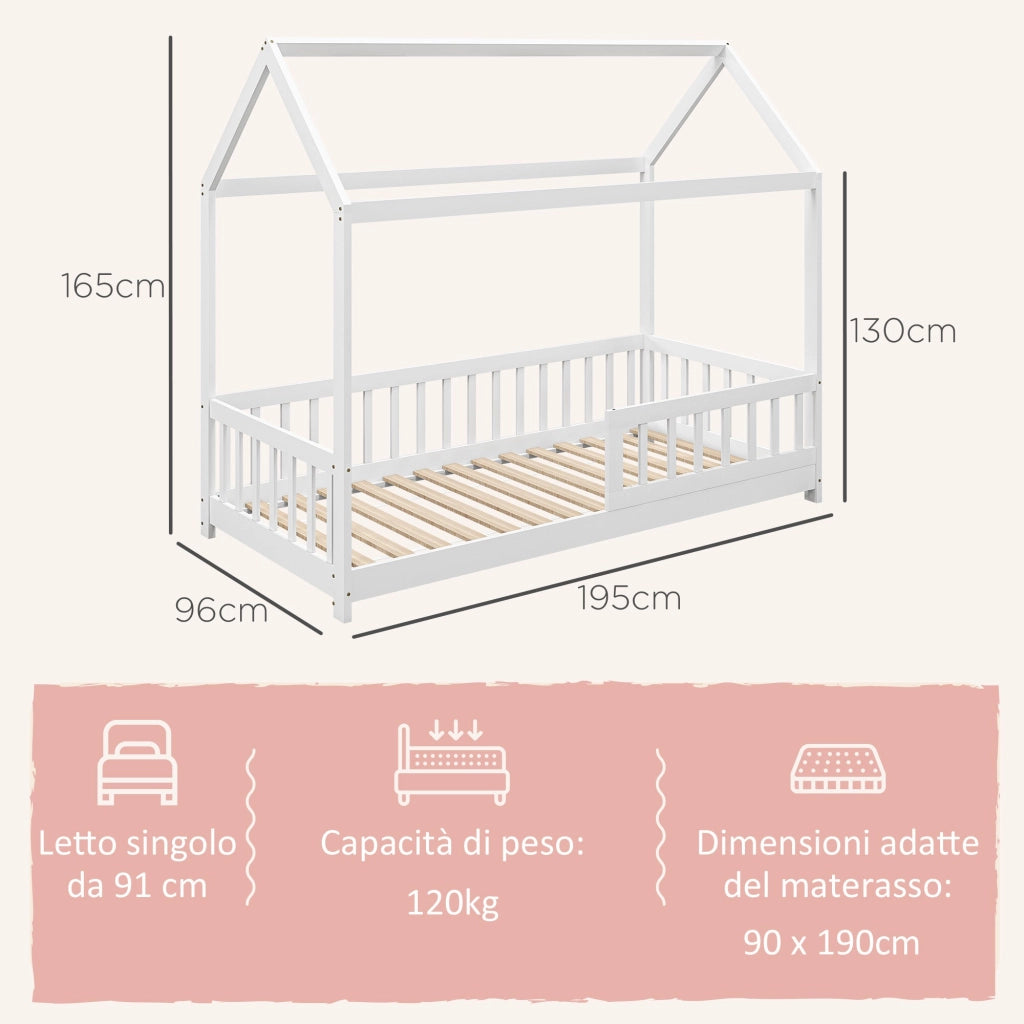 Letto Singolo per Bambini Casetta 96x195x165 cm con Doghe e Recinzione in Legno di Pino Bianco