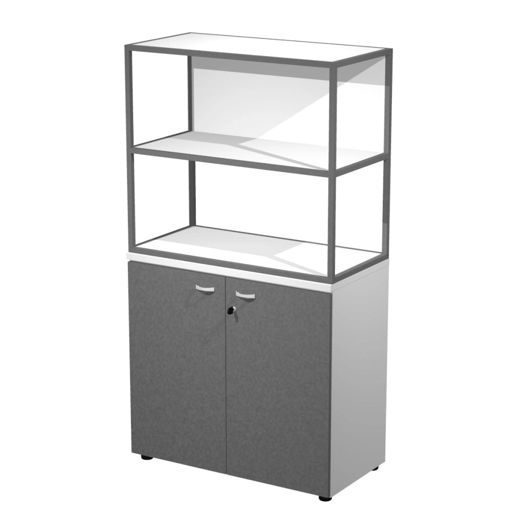 Libreria a 2 vani con struttura metallica sovrapposta ad armadio basso completo di ante battenti cm. 90x46x165h