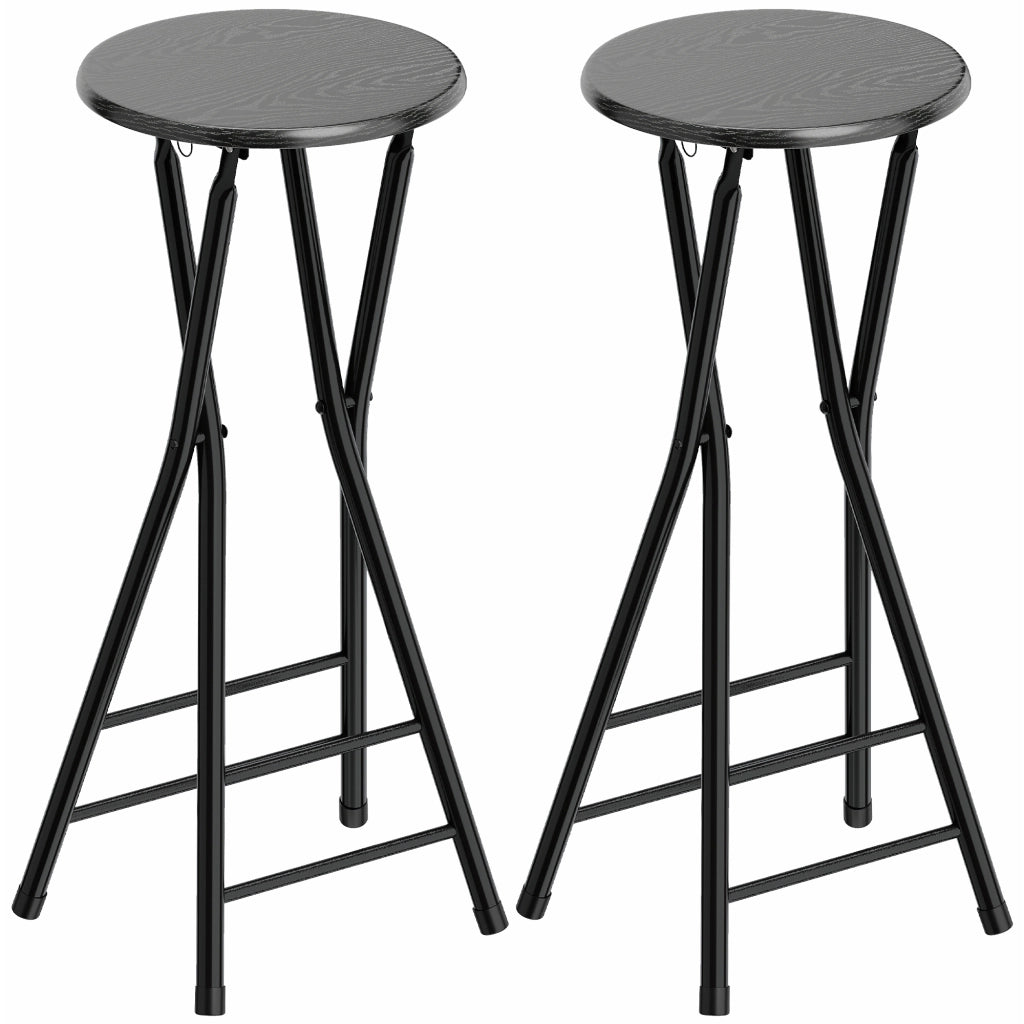 Set 2 Sgabelli Bar 34x30x70 cm Pieghevoli con Doppio Poggiapiedi in Legno e Acciaio Nero