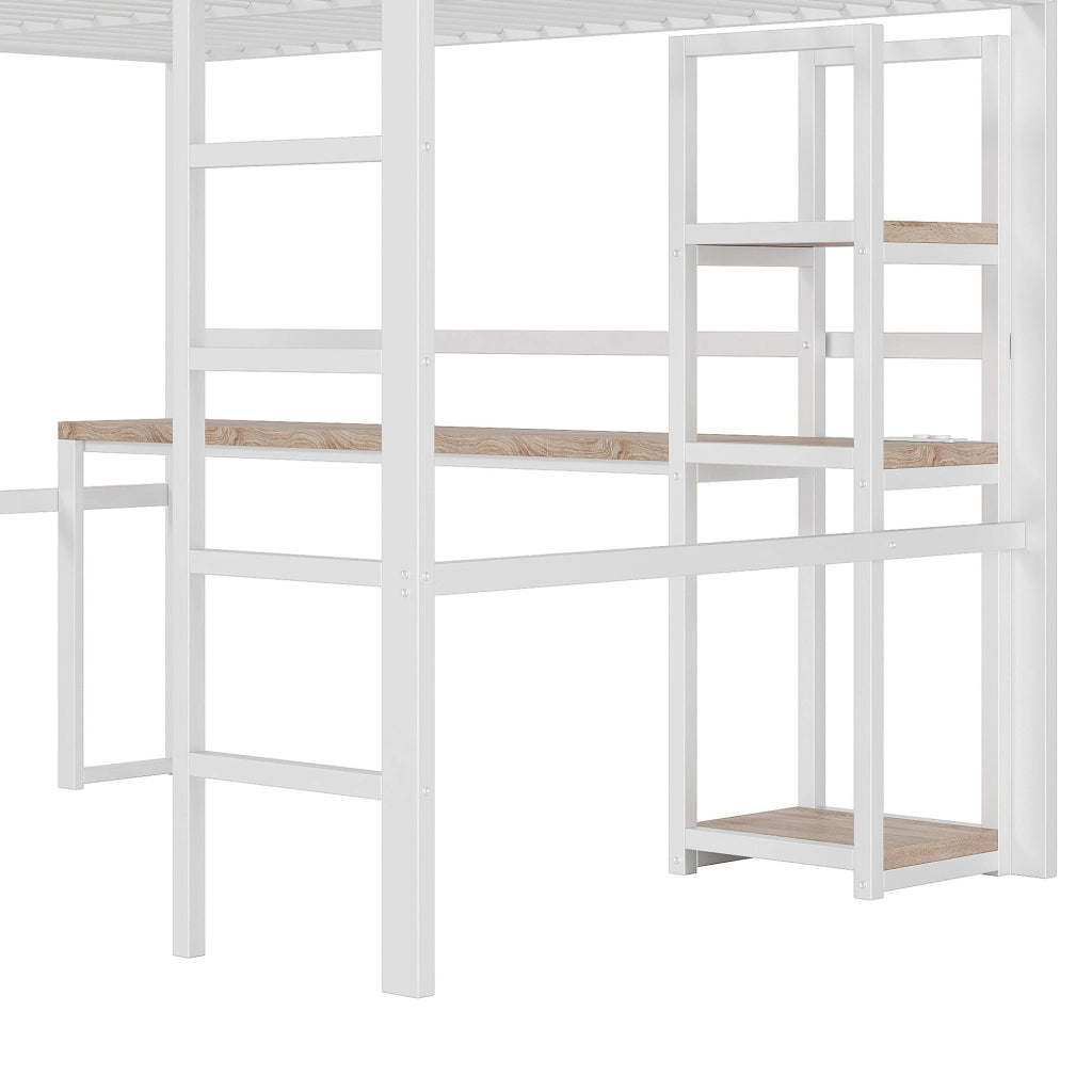 LETTO A CASTELLO 140x200 cm in metallo bianco con scrivania, ripiani e presa USB Type-C