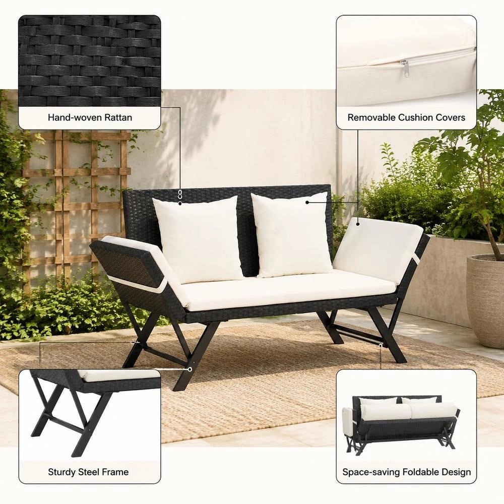 Garden Bench With Cushions, 176 Cm, Black Poly Rattan