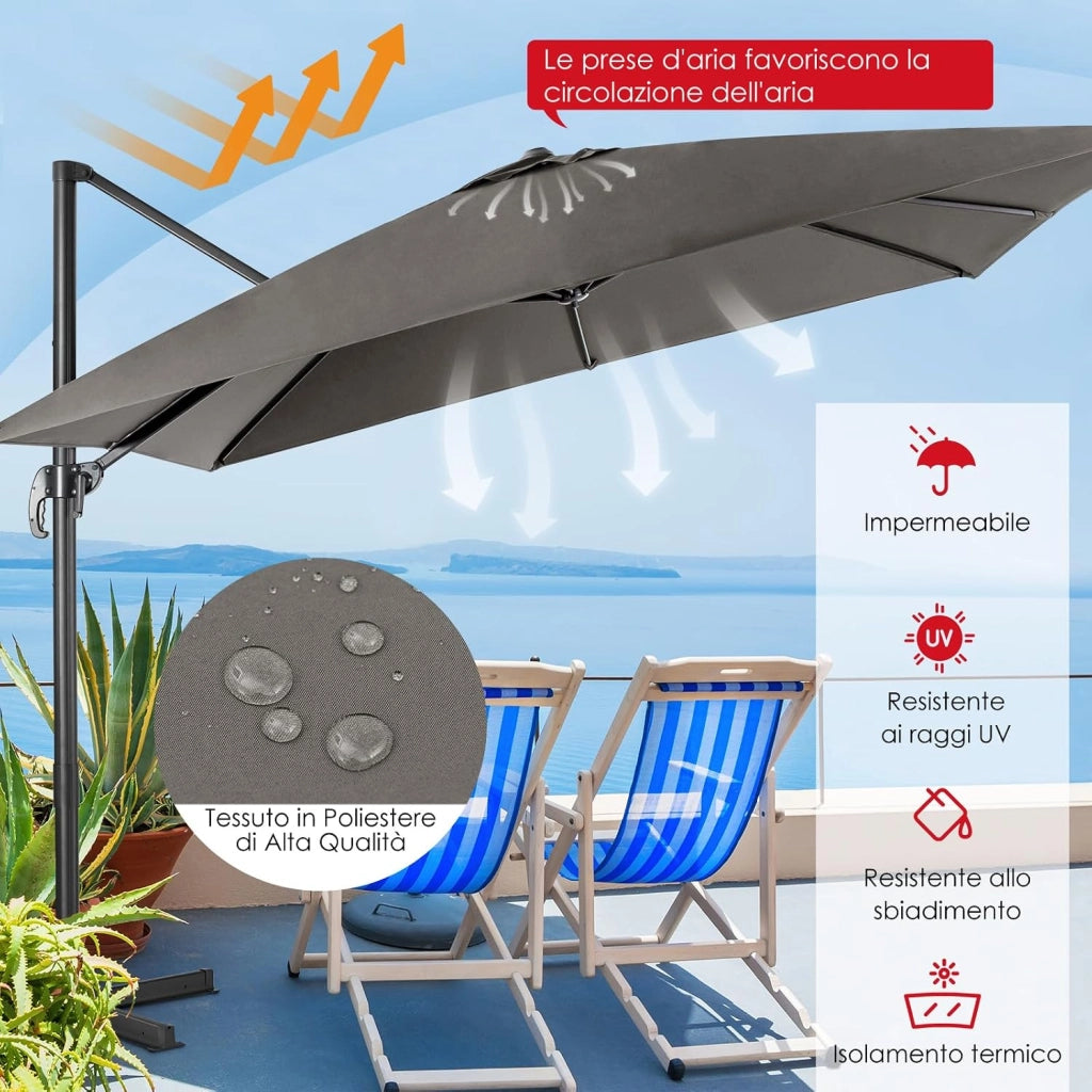 Ombrellone da Giardino 300 x 300cm | 3 Inclinazioni, Rotazione 360°, Manovella, 8 Stecche, Base Incrociata per Esterno (Grigio, 300 x 300 x 273 cm)
