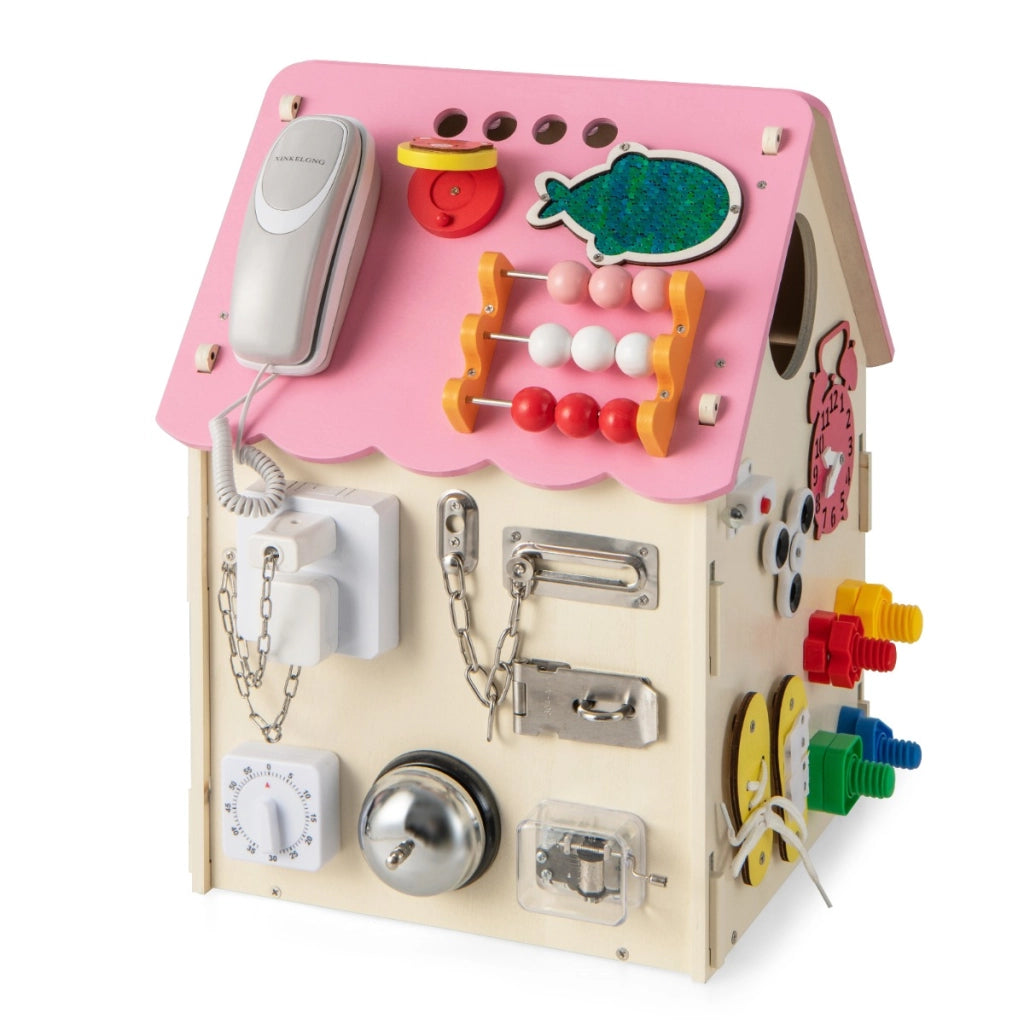 Casa giocattolo in legno degli ingranaggi-Montessori con giochi sensoriali e spazio interno per bambini Rosa