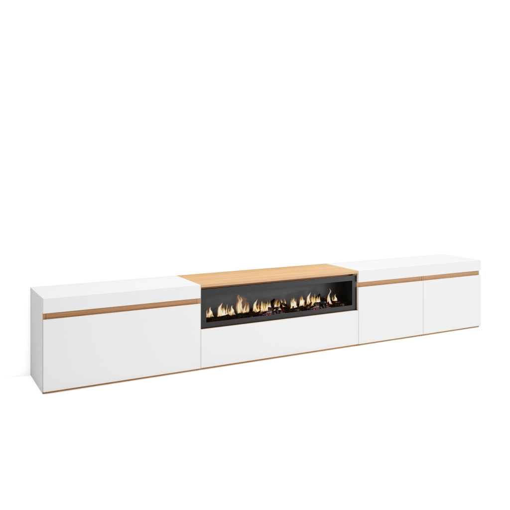 Mobile TV Soggiorno, 288x45x35 cm, TV di grande formato, Camino elettrico, Bianco e Rovere soft