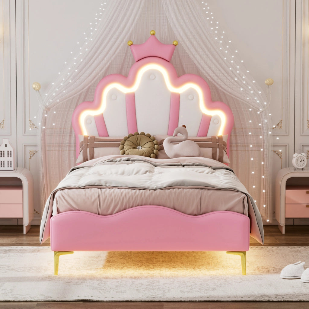 Letto singolo 90x200 cm con LED e testiera a nuvola; PU; rosa