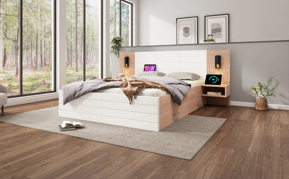 Letto matrimoniale 140x200 cm in legno massiccio e MDF con 2 cassetti, luce LED da lettura, USB e materasso