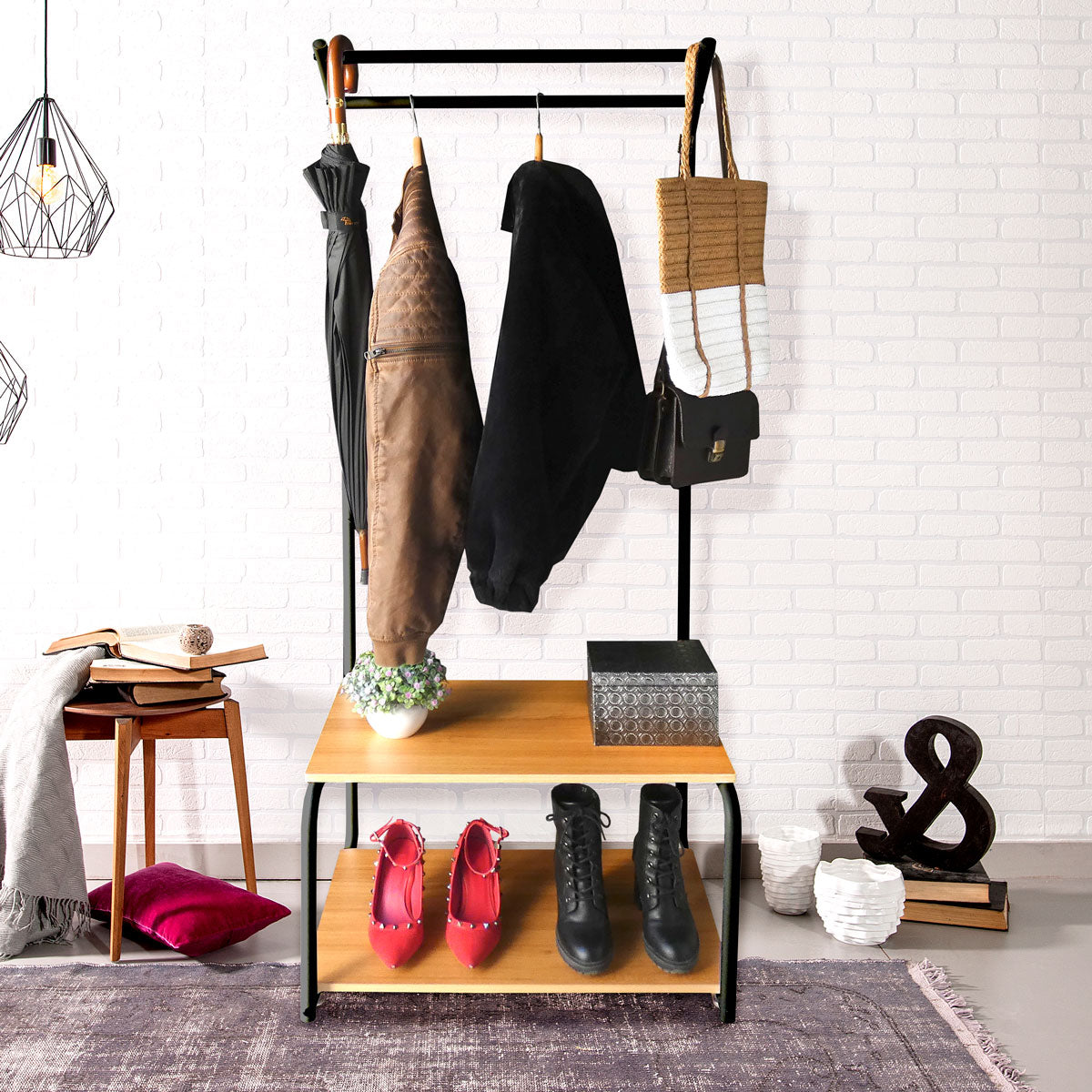 Appendiabiti Ingresso Corridoio Metallo 2 Ripiani 2 Barre Superiori Nero Nyana Home