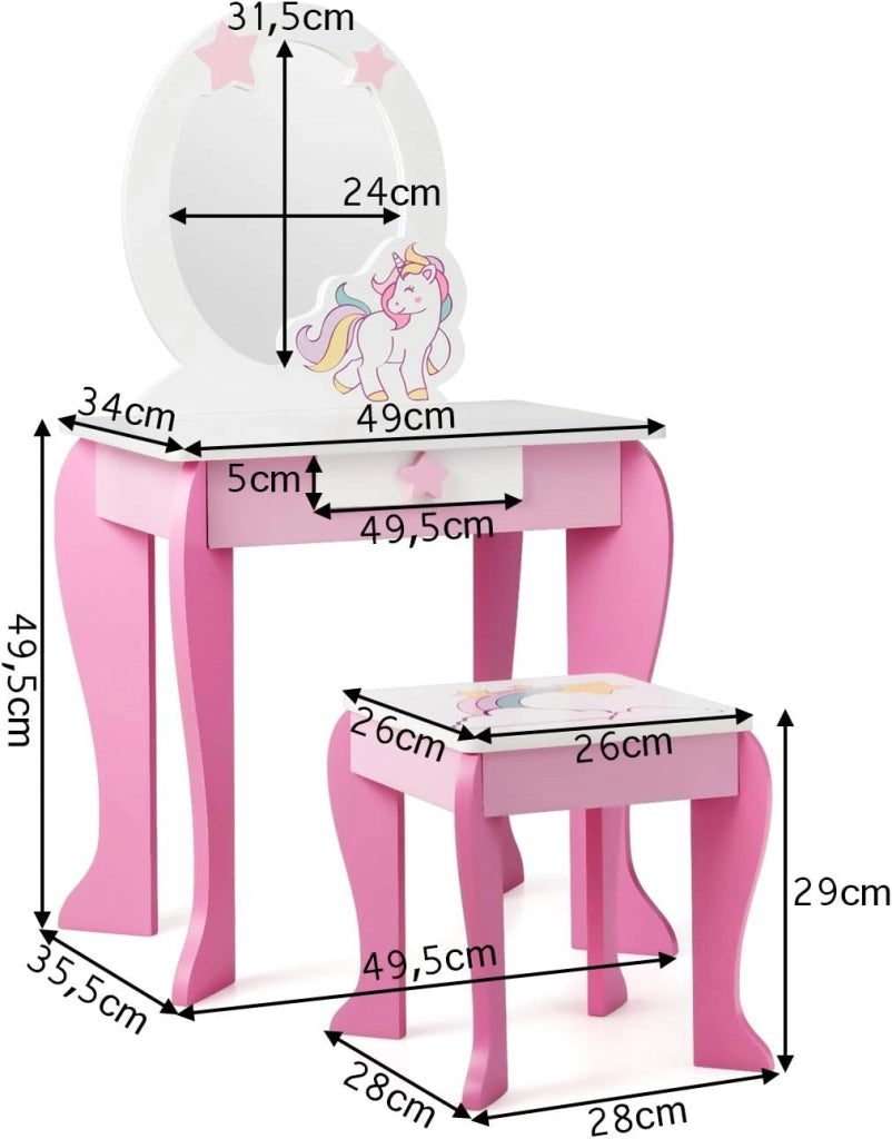 Set di Specchiera e Sgabello per Bambini, Tavolo da Trucco Giocattolo in Legno con Cassetto, Ideale Regalo per Ragazze di 3-7 Anni, con Portata di 15kg, 49x35,5x89cm (Rosa)