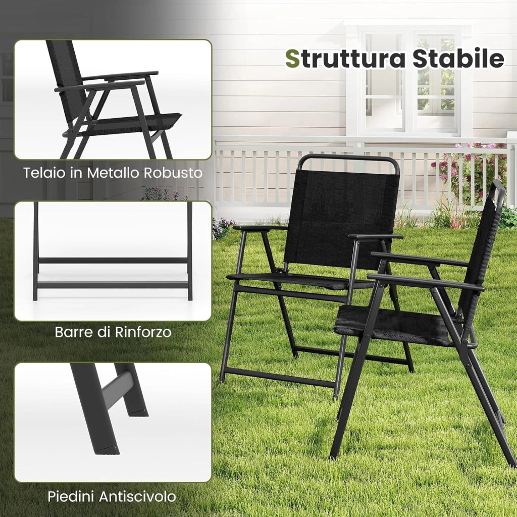 Set di 2 Sedie da Giardino Pieghevoli, Sedie da Spiaggia con Schienale e Braccioli, Poltrone da Campeggio, Sedia Esterno per Veranda, Balcone e Piscina, Portata 150 kg