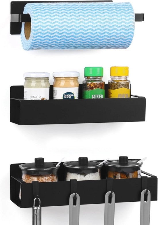 Set di Frigorifero Magnetico da 3 pezzi - Ideale per Erbe, Spezie e Salse - Banchi Magnetici Robusti per la Cucina e di Più - Nero