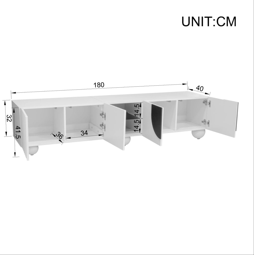 Mobile porta TV minimalista bianco e nero con vani aperti e chiusi, 180 cm
