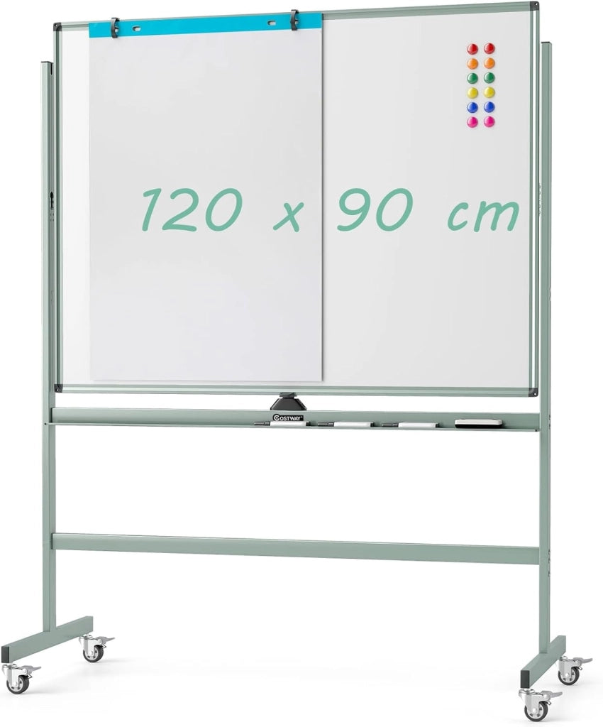 Lavagna Bianca Magnetica Doppia, Lavagna Bianca Regolabile in Altezza e Ruote Bloccabili, 6 Pennarelli, 12 Calamite e 1 Cancellino, Ideale per Scuola, 126 x 53,5 x 160-180 cm (Verde)