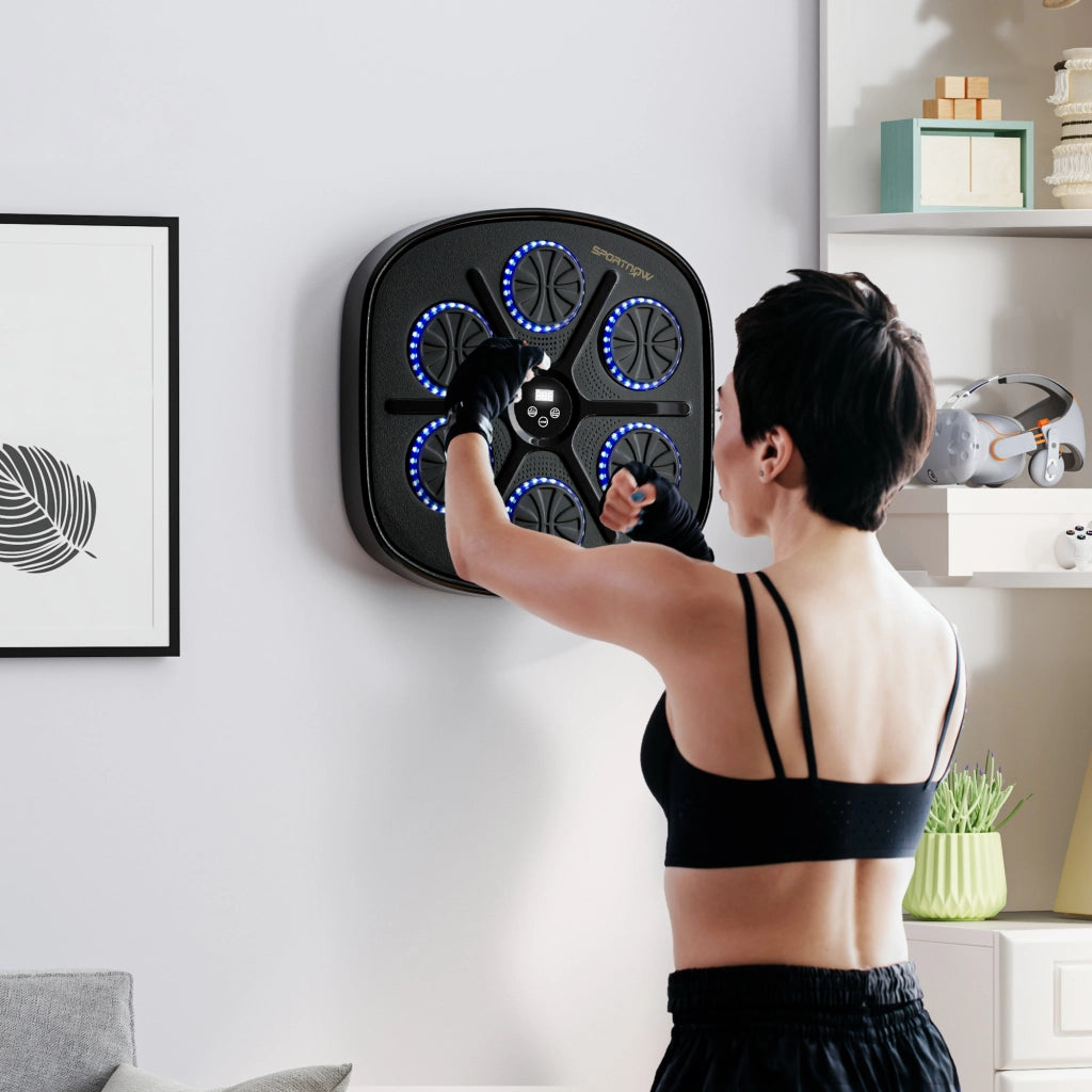 Boxing Machine Musicale a Parete con 9 Velocit¨¤, Connessione Bluetooth e Guanti, 41.8x44.6x7.5 cm, Nero e Blu