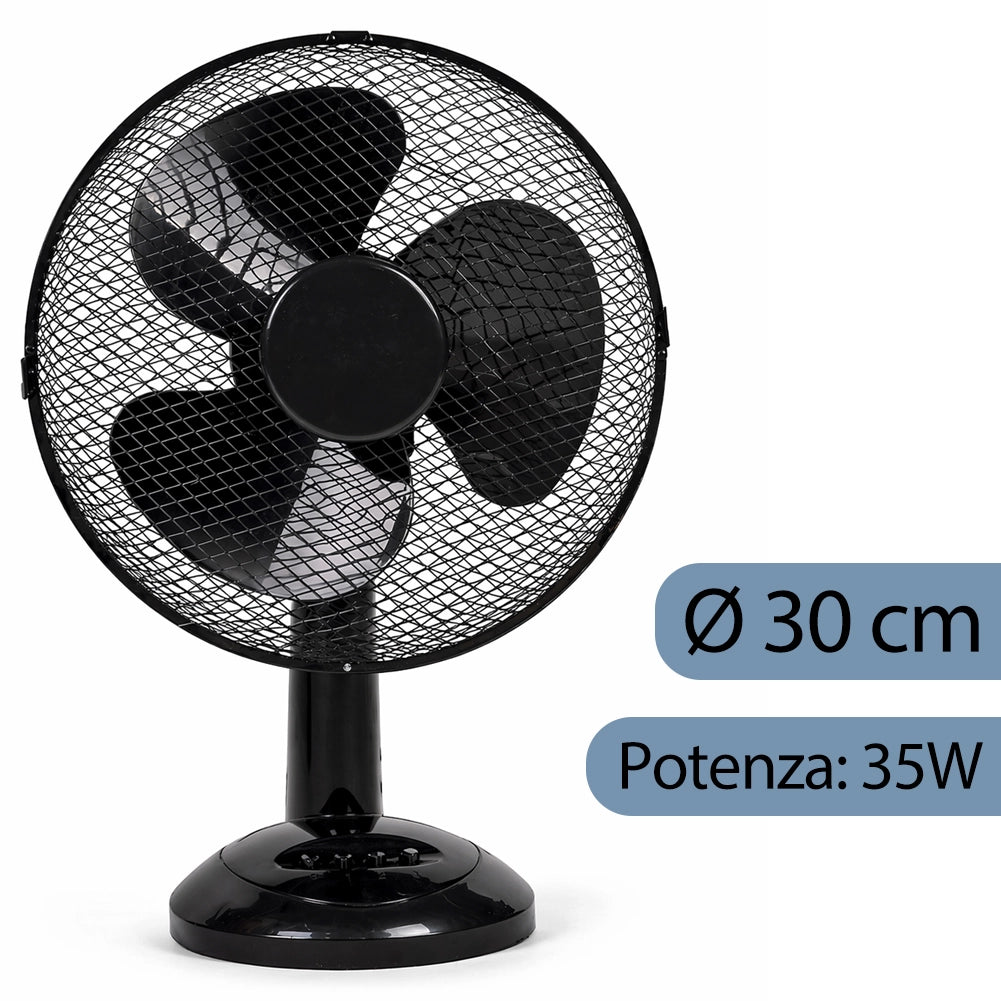 Ventilatore da Tavolo Diametro 30cm Potenza 35W Nero con 3 Velocità Silenzioso