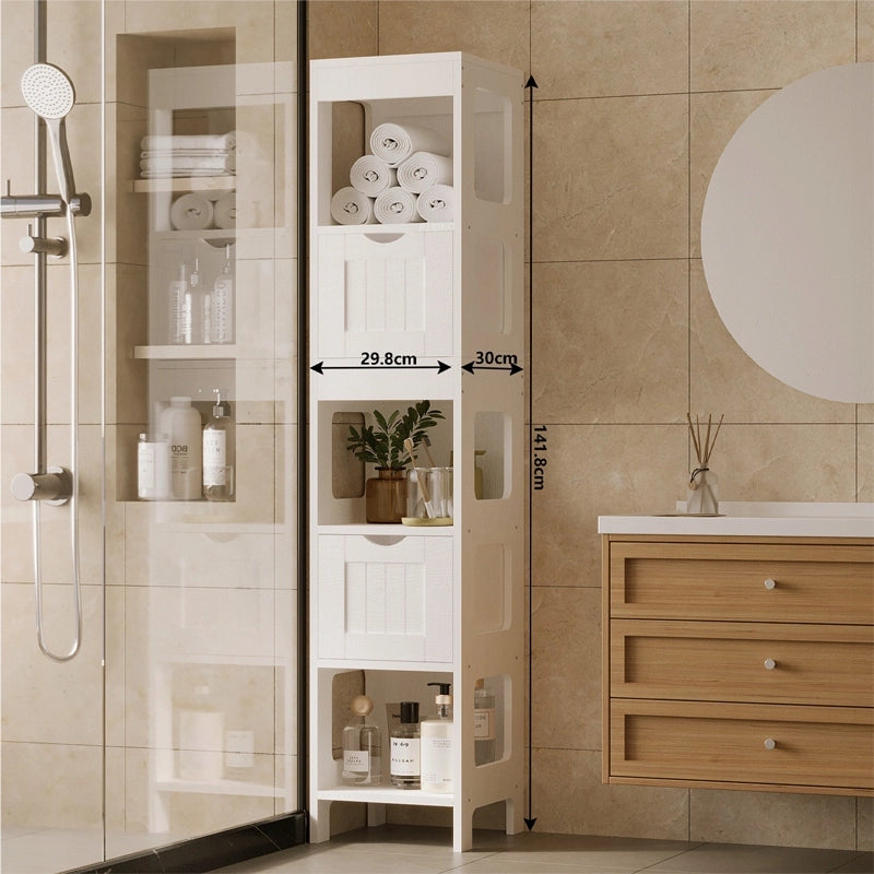 Mobiletto da bagno bianco con colonna con cassetti e ripiano alto, stile loft moderno, 142 cm