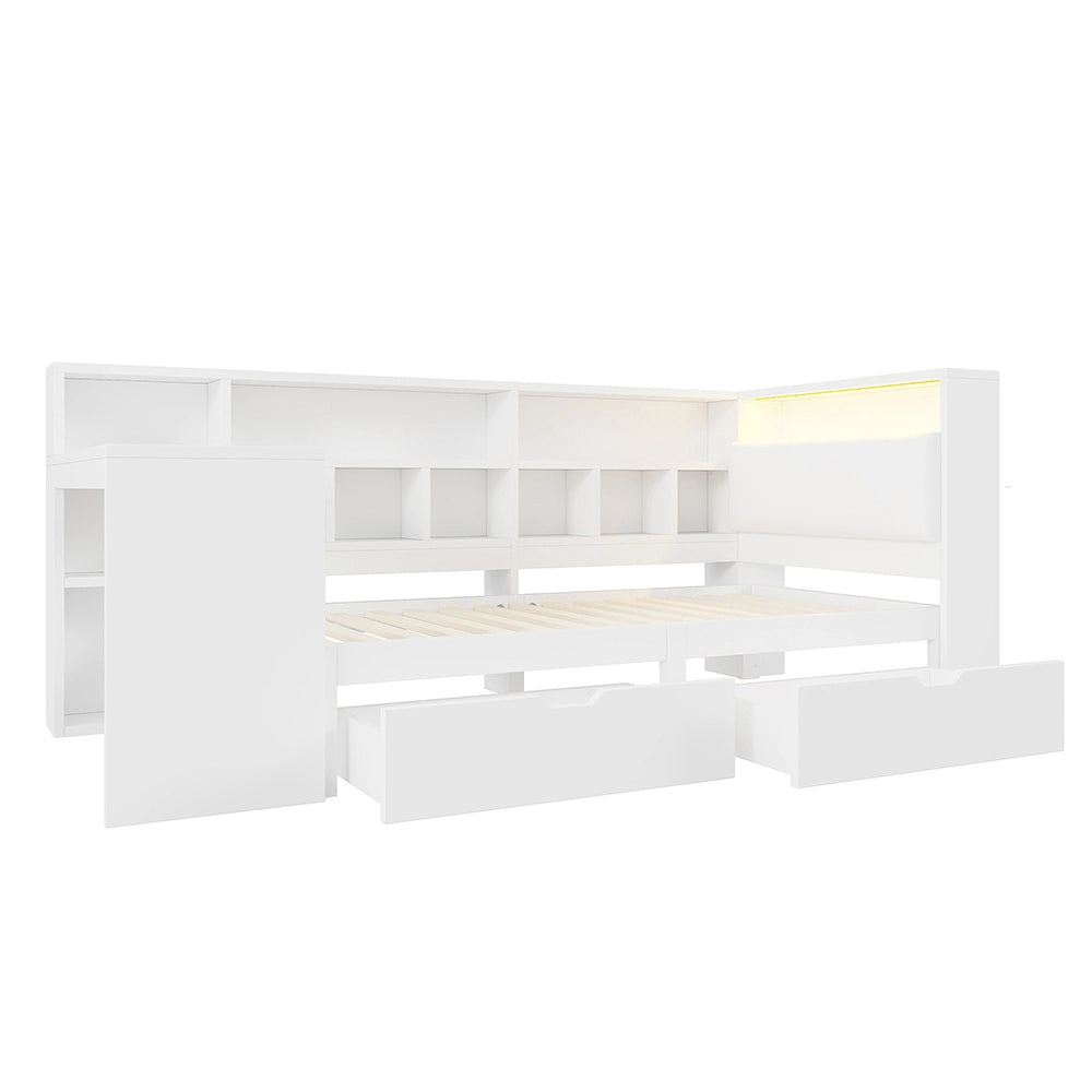 Letto angolare-Xylo-90x200 cm-scrivania, libreria, LED, cassetti, bianco