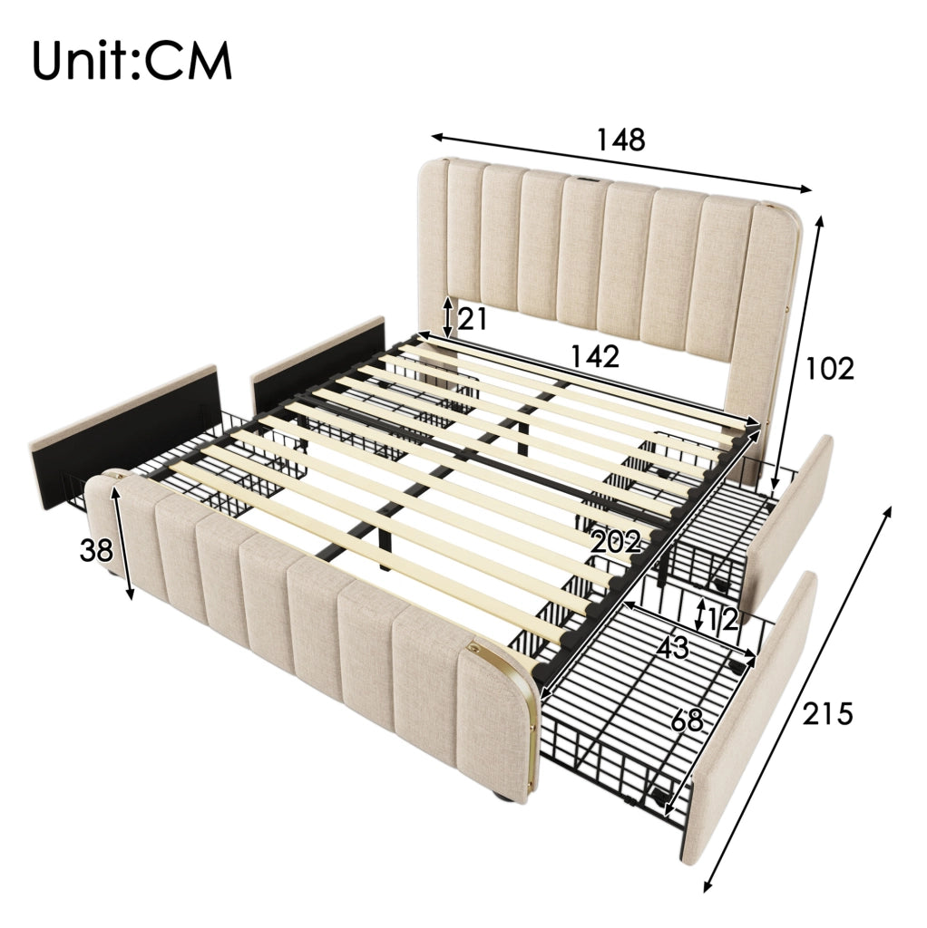 Letto matrimoniale contenitore 140x200 cm con USB C e 4 cassetti; lino beige