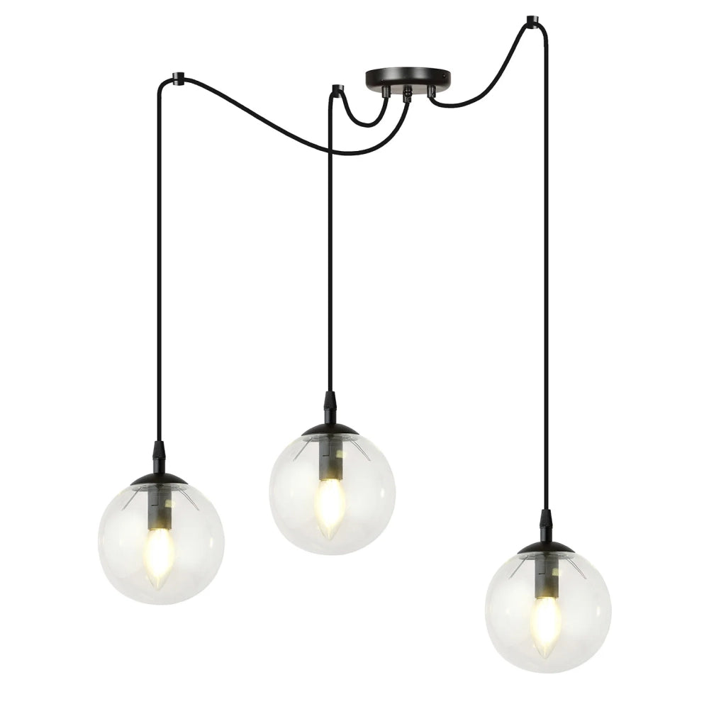 Lampadario 3 Luci Ginevra In Acciaio Nero Con Cavo Lungo E Vetri Trasparente