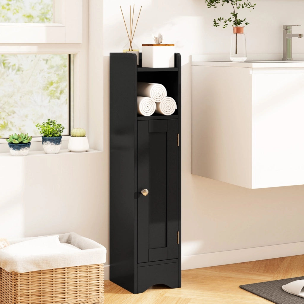 Armadietto da terra angolare con porta e ripiani regolabili-Mobiletto da bagnoPorta carta igienica stretto per soggiorno e bagno Nero